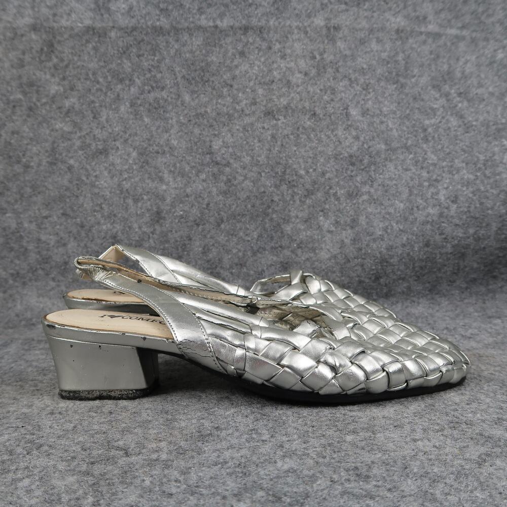 I Love Comfort Shoes Womens 6 Slingback Sandal Mule Pumps Silver Woven Retro